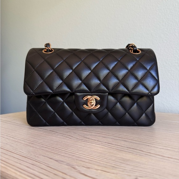 CHANEL Handbags - Chanel Black classic flap small with rose gold gardware